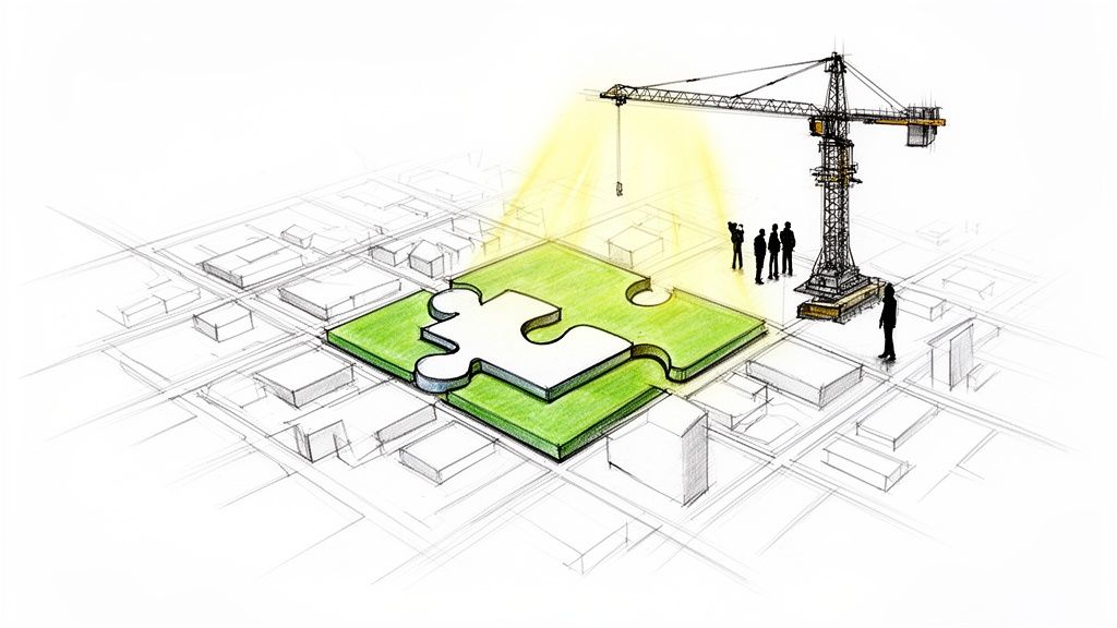 Grúa elevando gran pieza de rompecabezas verde sobre un plano de ciudad, con personas observando, simbolizando desarrollo y planificación urbana.