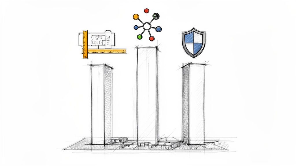 Boceto de tres rascacielos con símbolos de planificación, redes y seguridad sobre un fondo blanco.