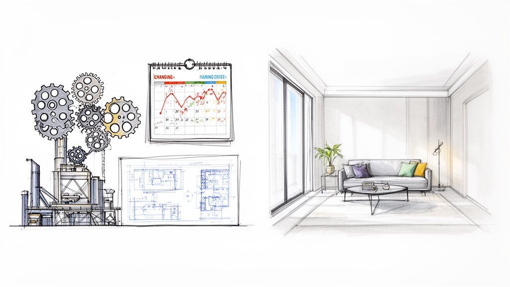 Bocetos de ingeniería con engranajes y planos, junto a un diseño interior moderno de sala de estar.