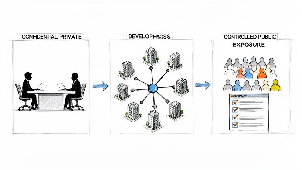 Ilustración de un proceso: de conversaciones privadas a una red de edificios y exposición pública controlada.