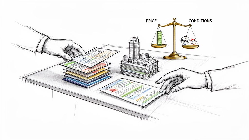Ilustración de manos revisando ofertas inmobiliarias, con una balanza que pesa precio y condiciones.