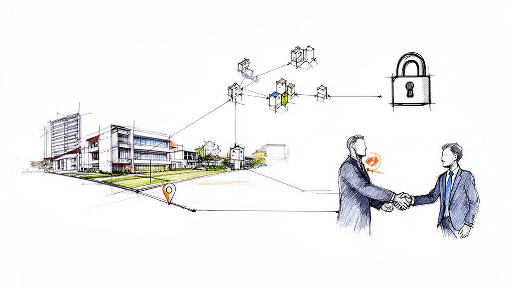 Esquema ilustrando edificios, una red de propiedades, un acuerdo comercial y seguridad.