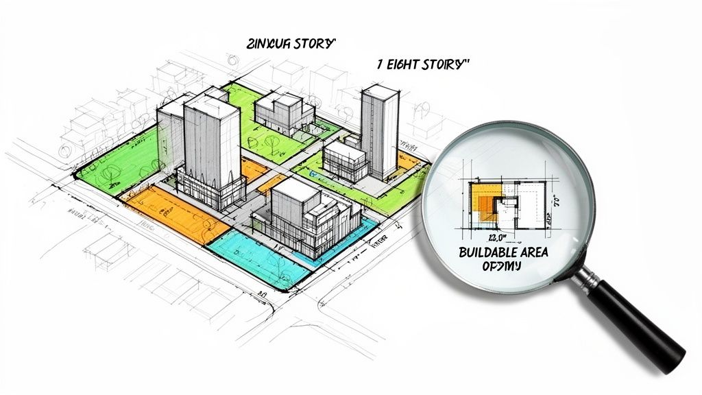 Boceto arquitectónico de desarrollo urbano con edificios, zonas verdes y un plano de construcción detallado.