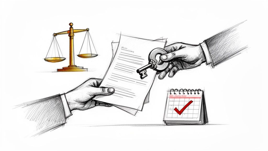 Dibujo de un traspaso legal con documentos, llave, balanza de justicia y calendario marcado.