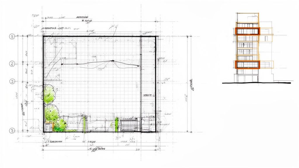 Planos arquitectónicos detallados de un edificio de varias plantas, mostrando la planta baja y la elevación con paisajismo.