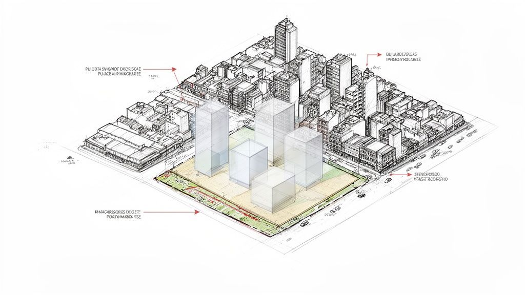 Boceto isométrico de planificación urbana, mostrando un terreno edificable con nuevos rascacielos en un entorno urbano.