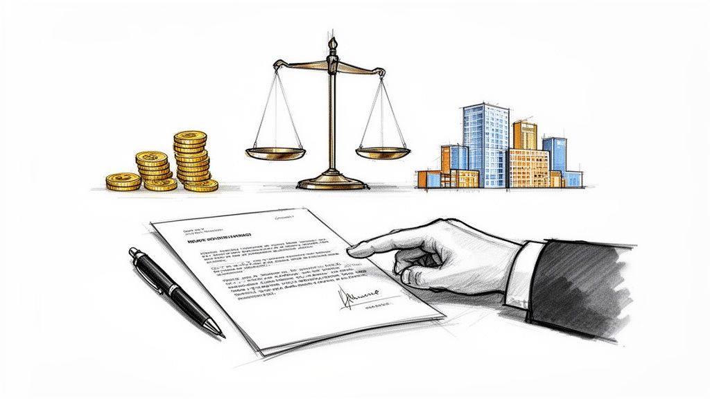 Mano señalando un documento legal con firma, junto a una balanza, monedas y edificios.