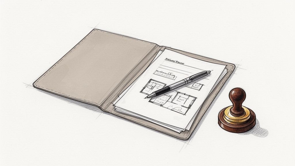 Carpeta abierta con planos de arquitectura, un bolígrafo y un sello de madera, sobre fondo blanco.
