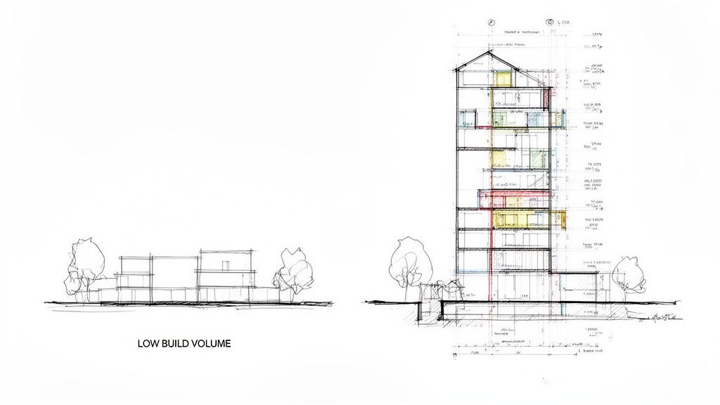 Dibujos arquitectónicos detallados que muestran una sección de un edificio de varias plantas y un volumen de construcción bajo.