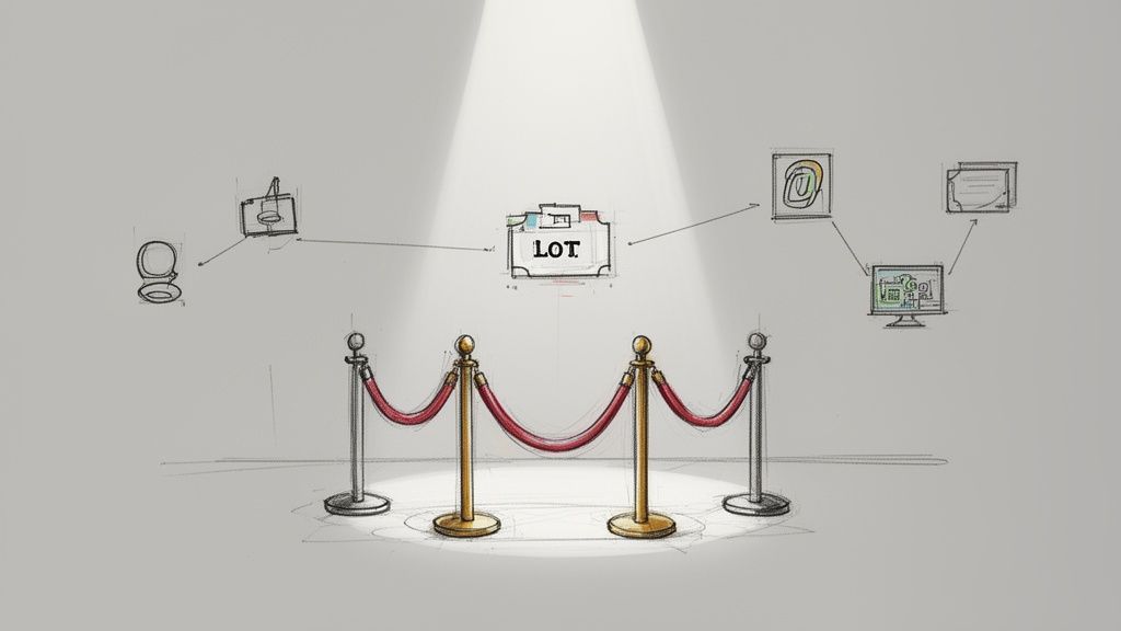 Diagrama conceptual de IoT con dispositivos conectados bajo un foco, con una alfombra roja en primer plano.