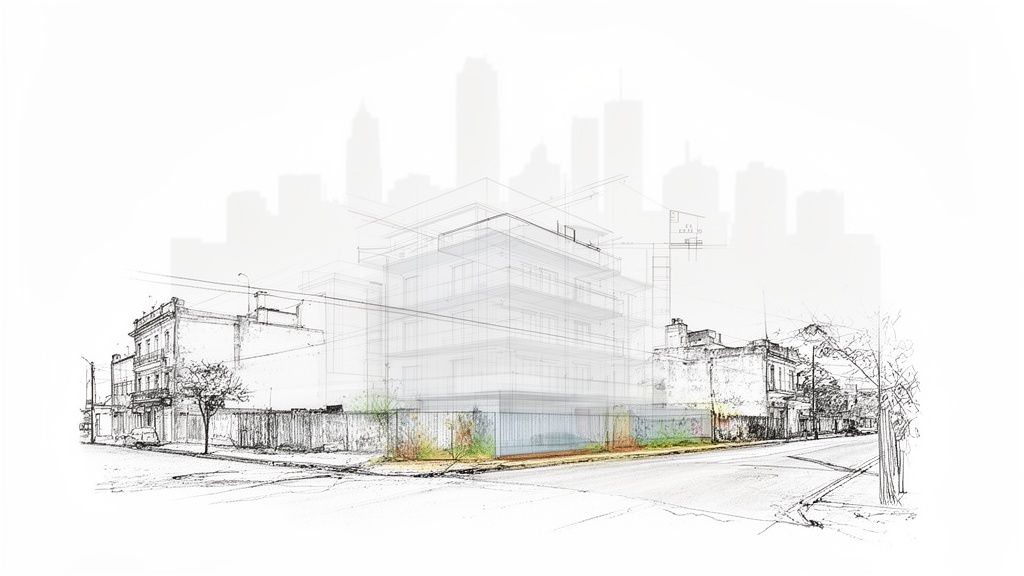 Boceto arquitectónico que muestra un diseño moderno superpuesto en un paisaje urbano con edificios antiguos y un horizonte.