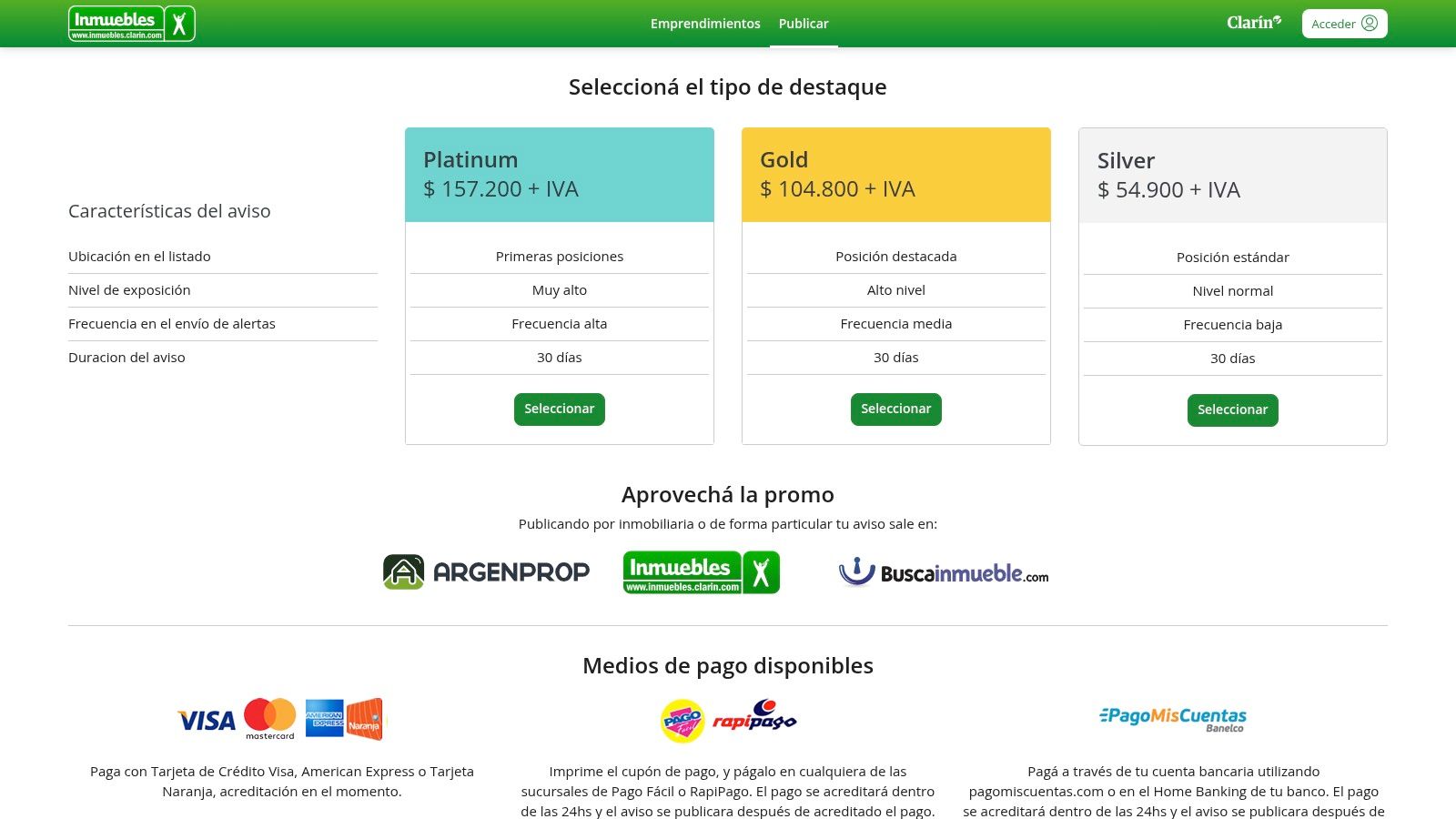 Planes de precios de Inmuebles Clarín