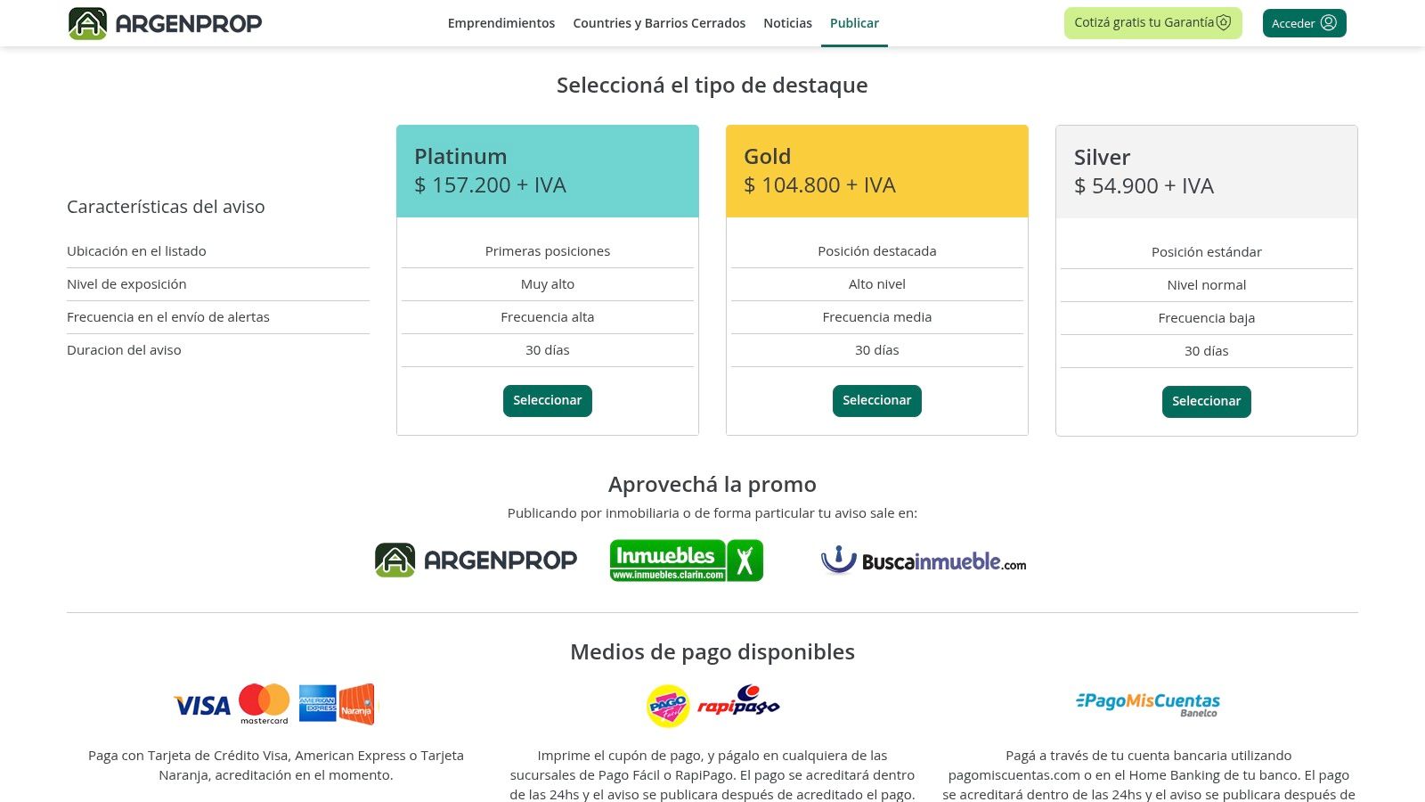 Planes de precios de Argenprop para publicar un terreno