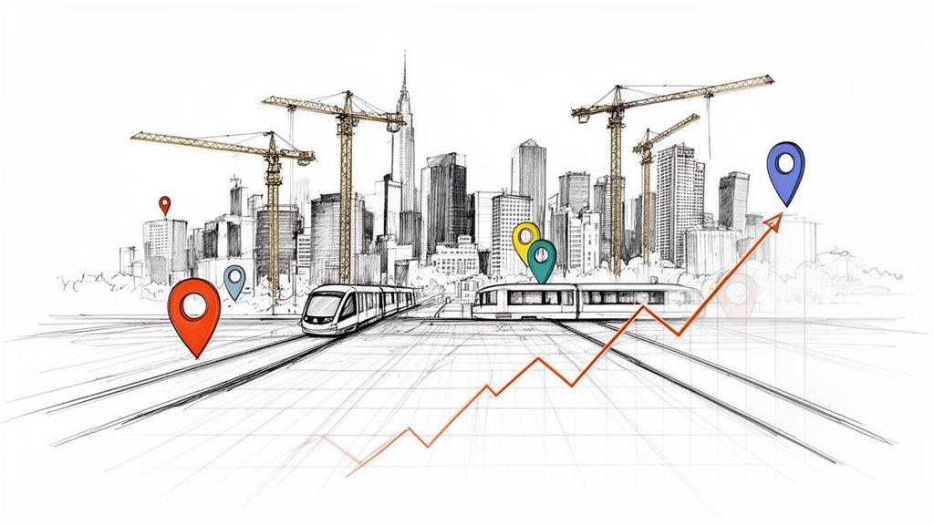 Paisaje urbano con grúas de construcción, trenes y marcadores de ubicación, simbolizando desarrollo y crecimiento inmobiliario.