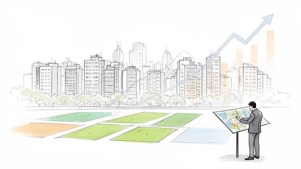 Hombre analizando un mapa de terrenos con un paisaje urbano y un gráfico de crecimiento inmobiliario.