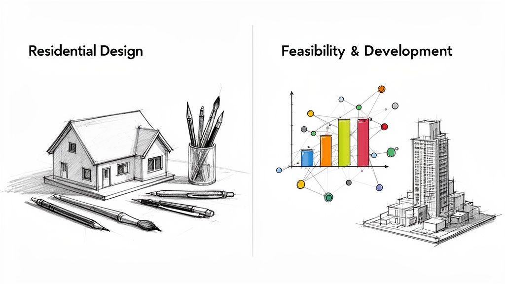 Bocetos de diseño residencial con una casa y útiles, y gráficos de viabilidad con un rascacielos.