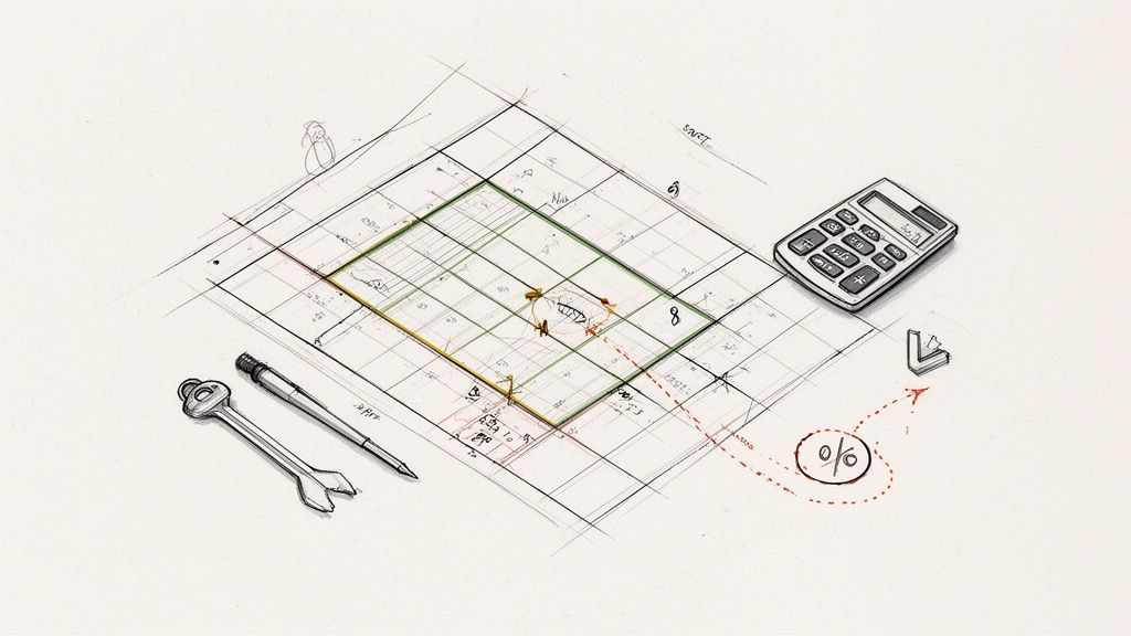 Dibujo de un plano de terreno con calculadora, llave y lápiz, simbolizando planificación y cálculo inmobiliario.