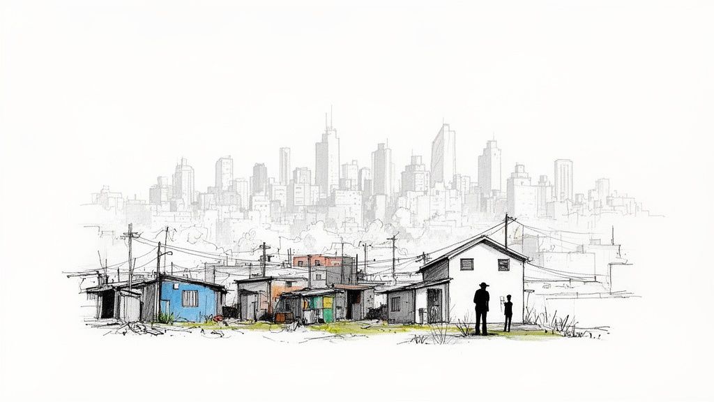 Dibujo de un asentamiento informal en primer plano con dos personas, y un horizonte de rascacielos difuso detrás.