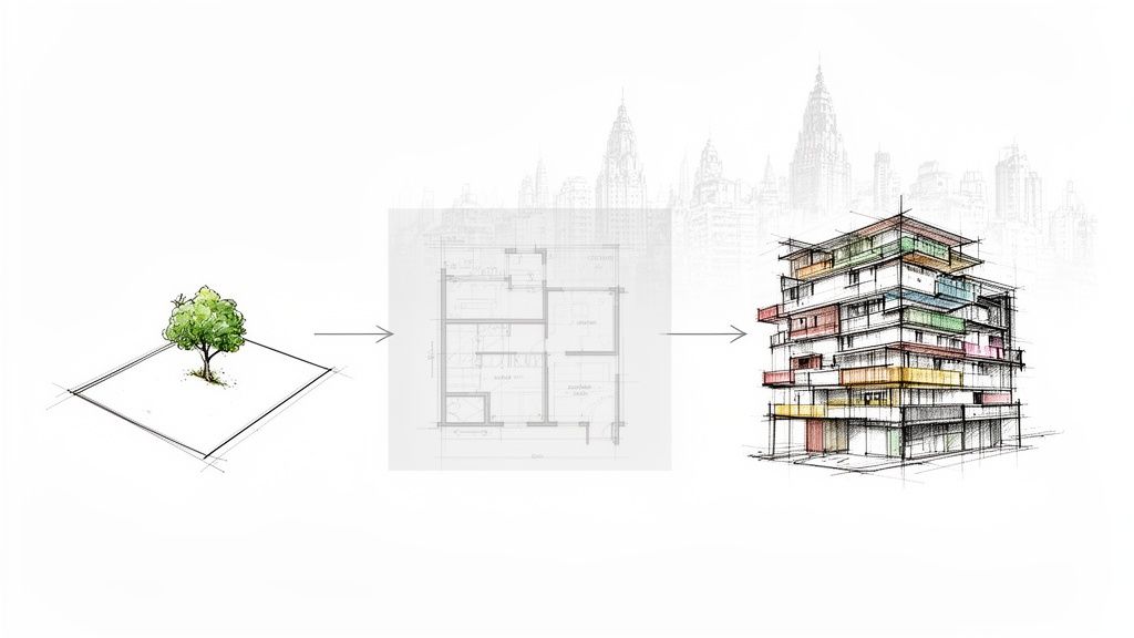 Proceso de desarrollo arquitectónico: de un árbol y parcela a plano y edificio moderno con ciudad de fondo.