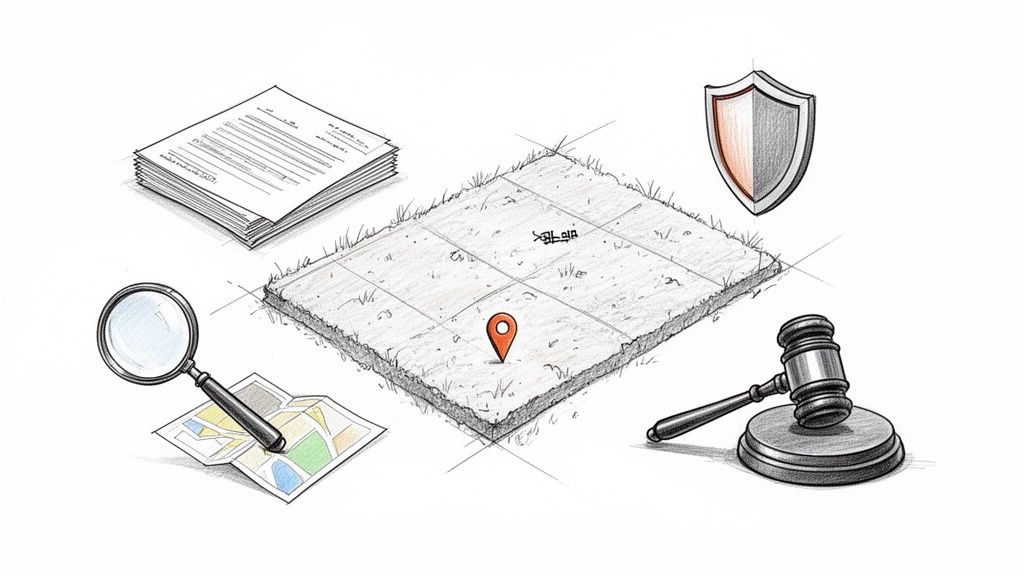 Documentos legales, mapa, lupa, terreno con marcador de ubicación, escudo y mazo judicial para propiedades.