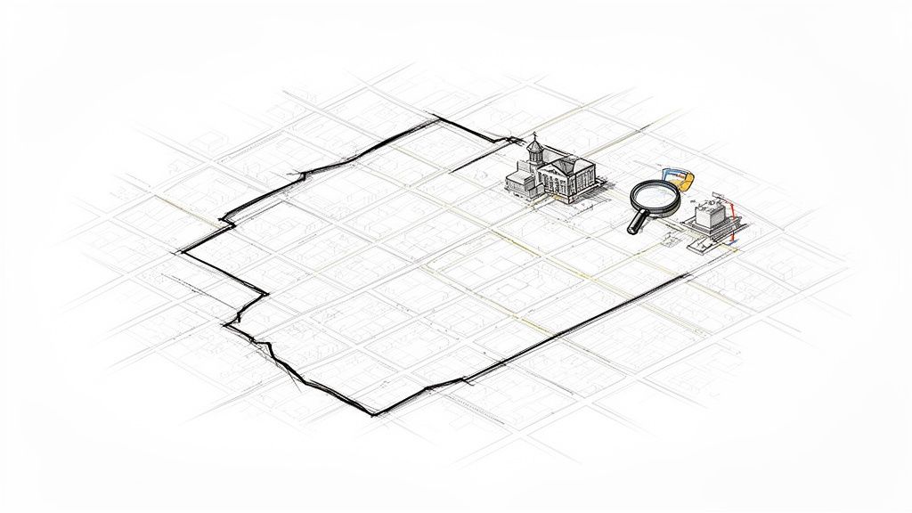 Mapa isométrico de un área urbana irregular con una iglesia y un edificio, realzado por una lupa.