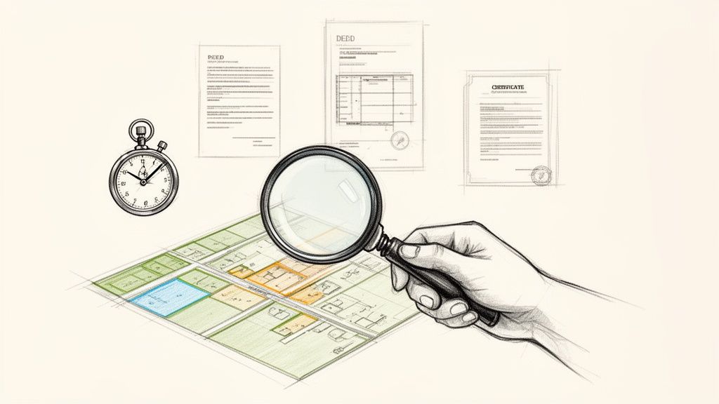 Dibujo de una mano con lupa sobre un mapa de terrenos, documentos legales y un cronómetro.