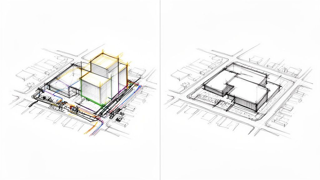 Dos bocetos de planos de sitio con edificios, uno detallando conexiones de servicios públicos y el otro el diseño arquitectónico general.