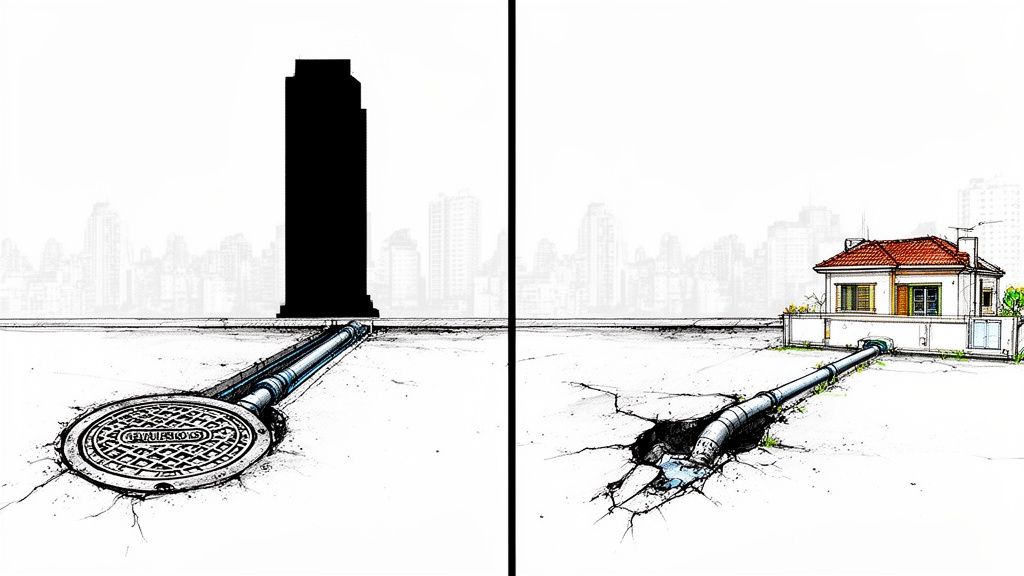 Contraste urbano: tuberías y una alcantarilla conectan un rascacielos y una casa pequeña.