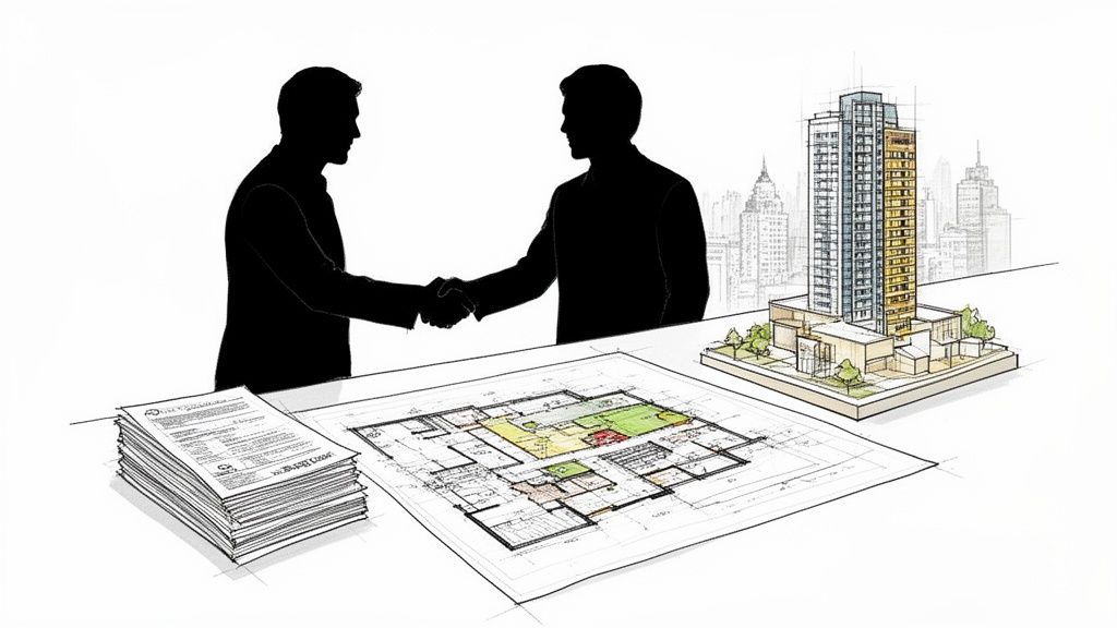 Siluetas de dos hombres dándose la mano sobre planos arquitectónicos y una maqueta de edificio, simbolizando un acuerdo inmobiliario.