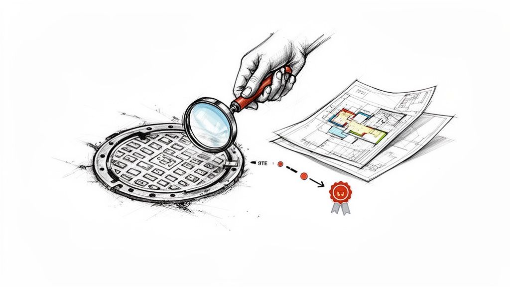 Mano con lupa inspeccionando alcantarilla y planos arquitectónicos, culminando en un premio.