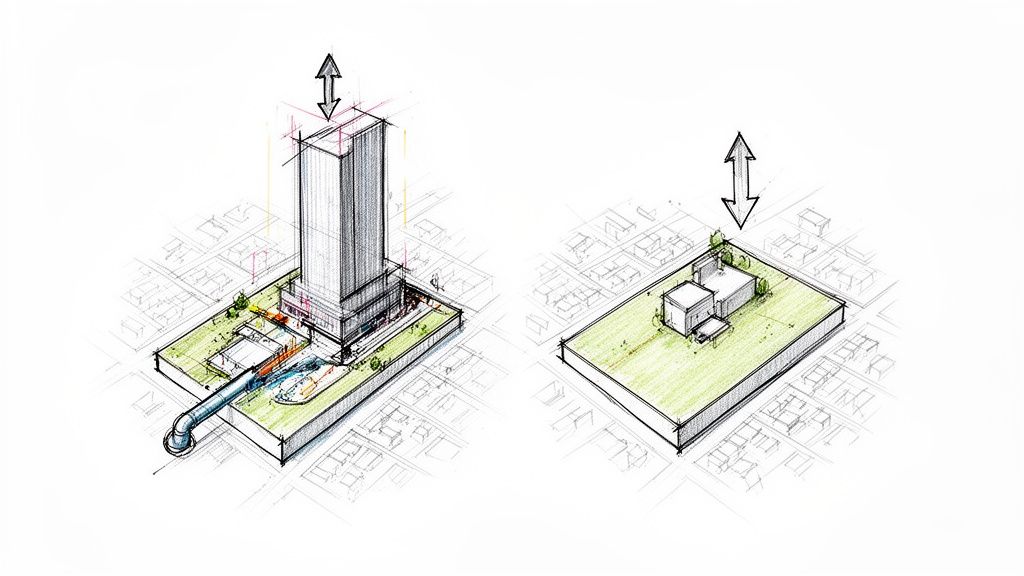 Dos bocetos arquitectónicos contrastan un rascacielos con infraestructura de drenaje y una casa unifamiliar, ambos en terrenos urbanos.