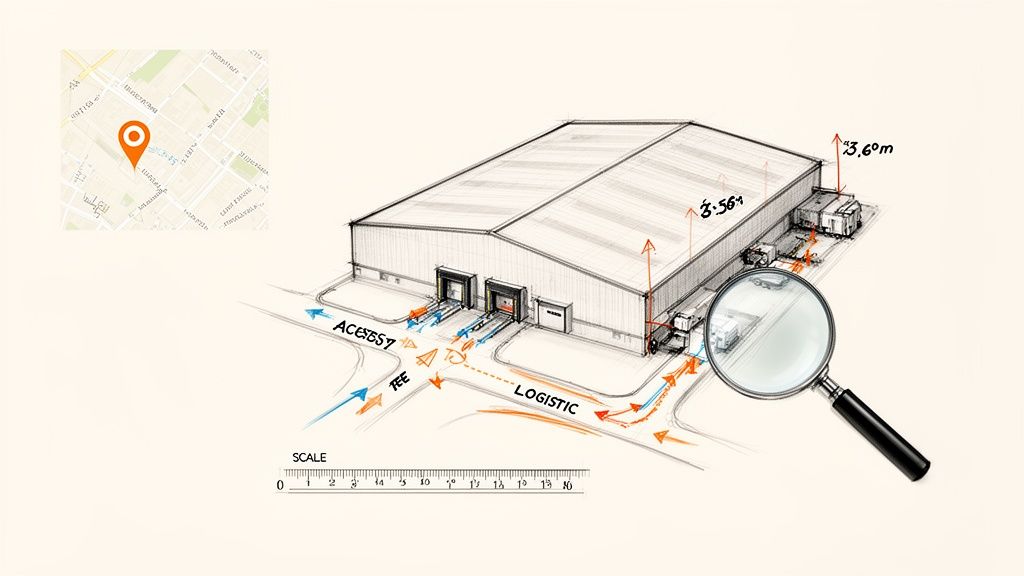 Boceto detallado de una nave industrial con flujos logísticos, accesos y dimensiones de altura, mostrando también su ubicación en un mapa.