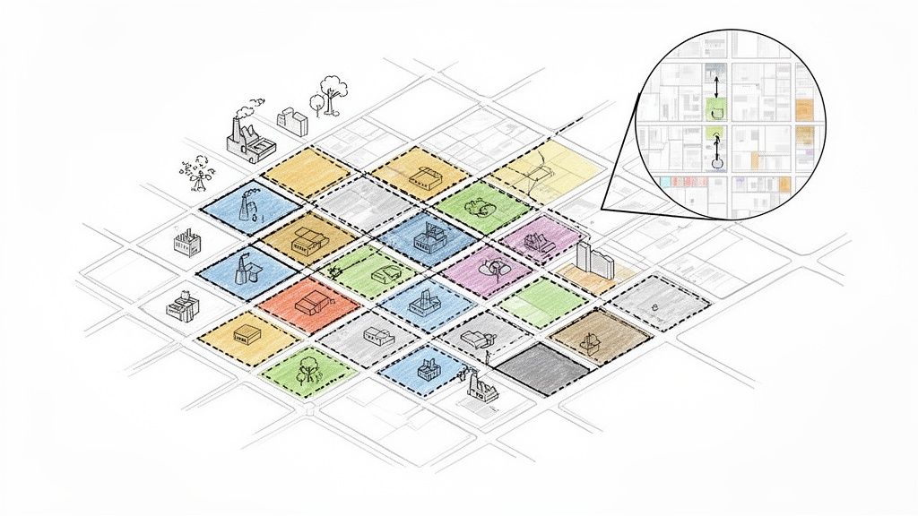 Mapa urbano isométrico mostrando bloques coloreados con fábricas, almacenes, casas y una vista ampliada de conexiones.