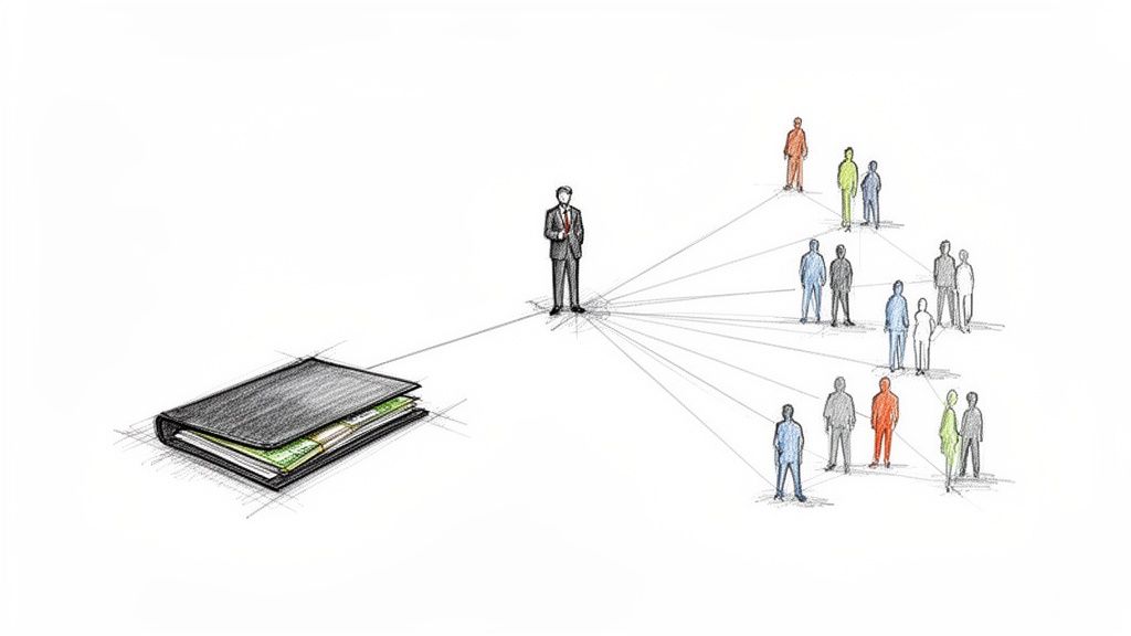 Dibujo de un hombre de negocios conectando una cartera con múltiples grupos de personas.