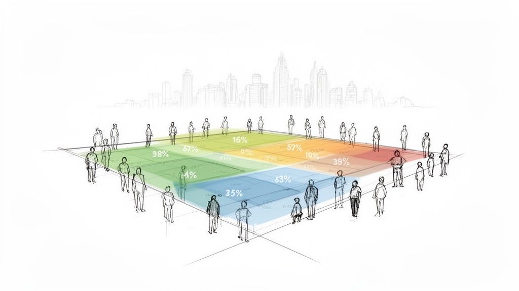 Ilustración de personas en un plano dividido por colores con porcentajes, bajo un horizonte urbano.