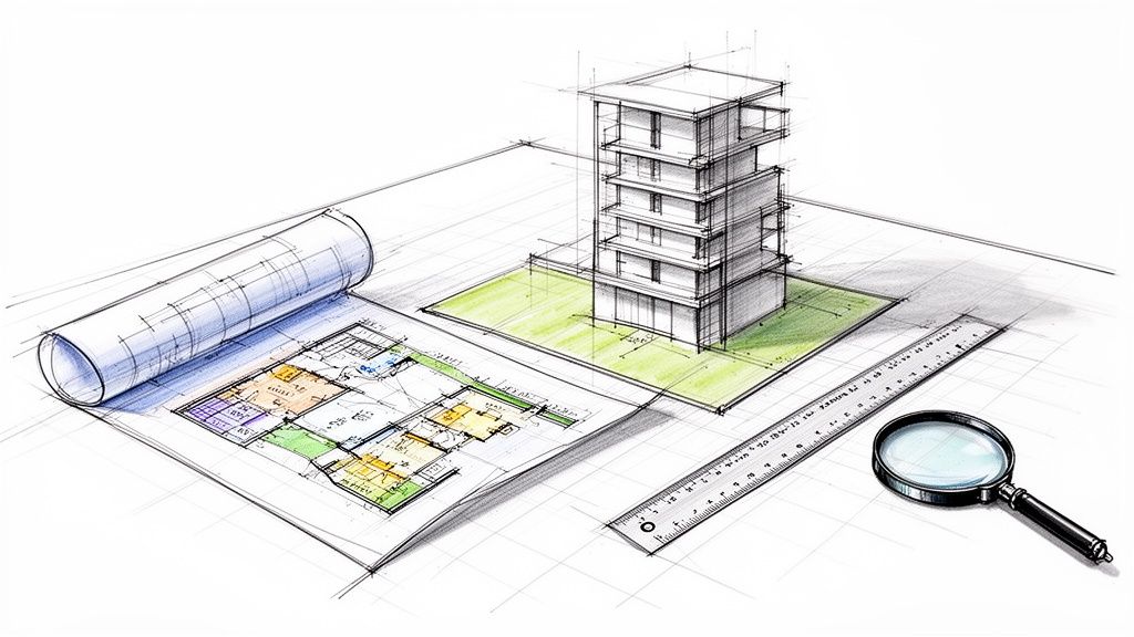 Dibujo arquitectónico que muestra planos, un modelo de edificio 3D, una regla y una lupa sobre una mesa de diseño.