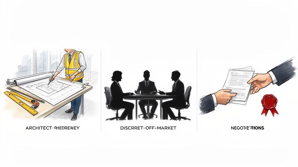Ilustraciones de un arquitecto trabajando en planos, una reunión de negocios discreta y manos intercambiando documentos.