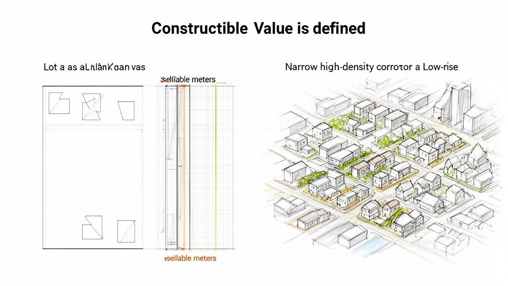 Gráfico de valor construible con planos de lotes, metros vendibles y un boceto de barrio de baja altura.