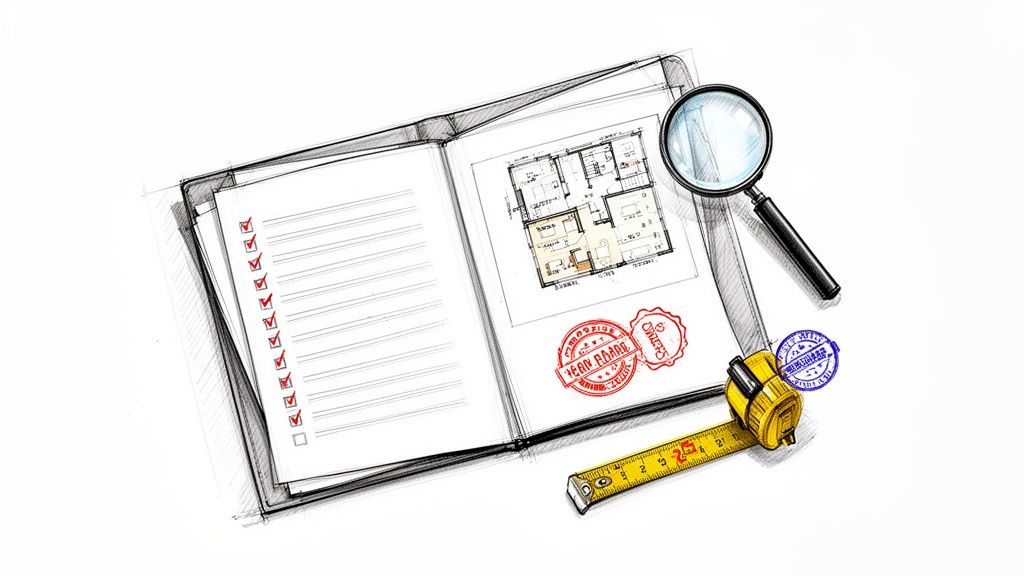 Cuaderno abierto con plano de casa, lista de verificación, lupa, cinta métrica y sellos de aprobación.
