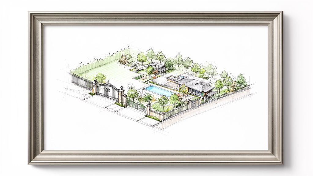 Dibujo arquitectónico de una propiedad de lujo con casa, piscina y jardín en un entorno campestre.