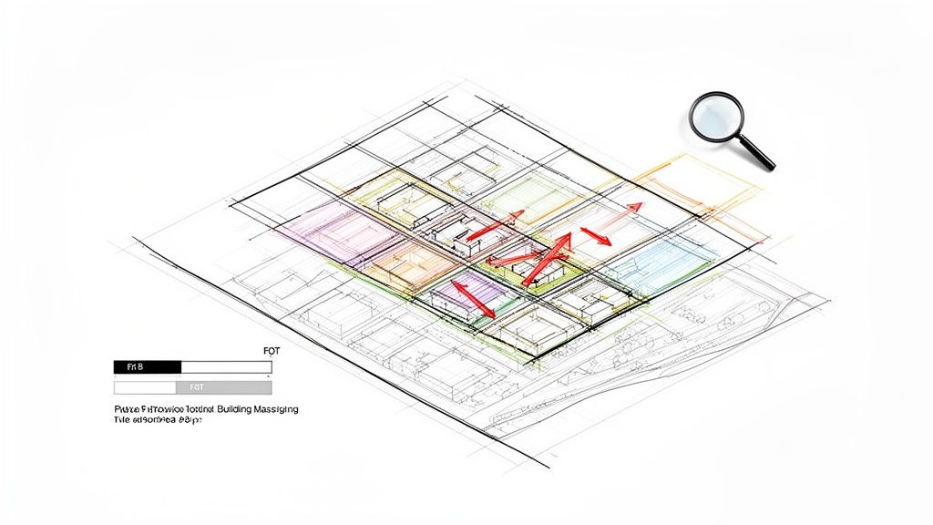Dibujo arquitectónico isométrico de un plan de diseño urbano con edificios de colores y flechas rojas.