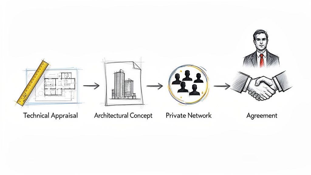 Diagrama de flujo que ilustra un proceso de desarrollo inmobiliario: tasación técnica, concepto, red privada y acuerdo.