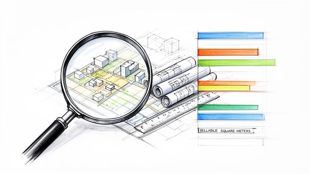 Lupa sobre plano urbano con edificios y planos técnicos, mostrando análisis de metros cuadrados vendibles.
