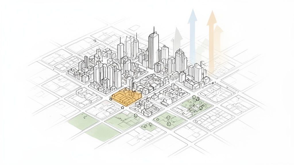 Boceto isométrico de una ciudad con edificios, parques verdes y flechas de crecimiento urbano.