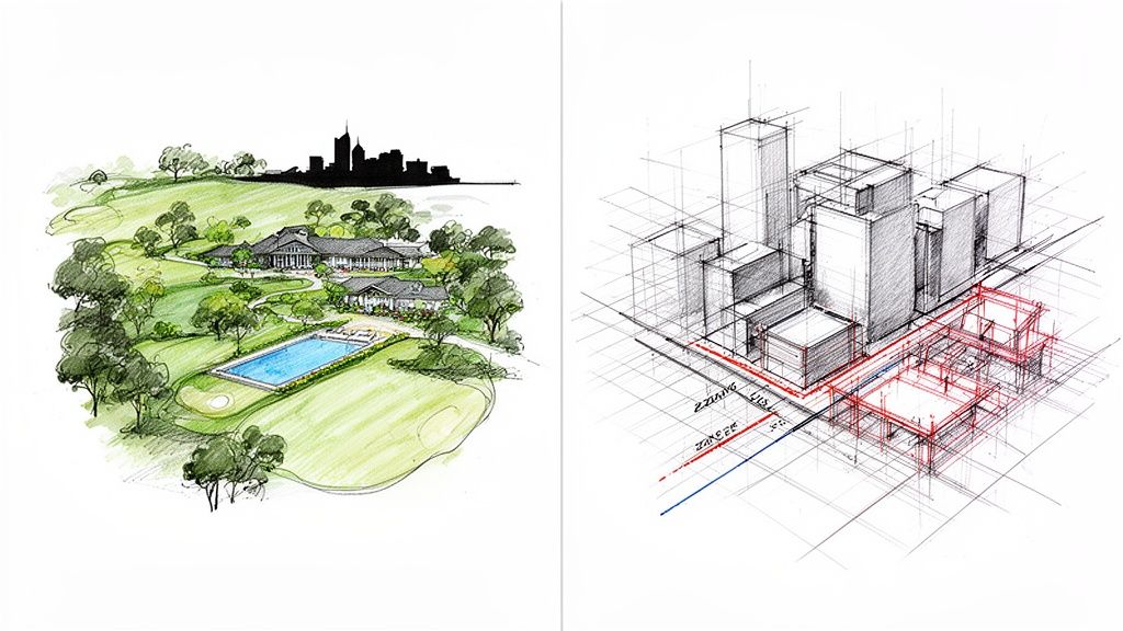 Bocetos de diseño urbano: un complejo residencial con piscina y una ciudad, junto a un dibujo arquitectónico isométrico de edificios.