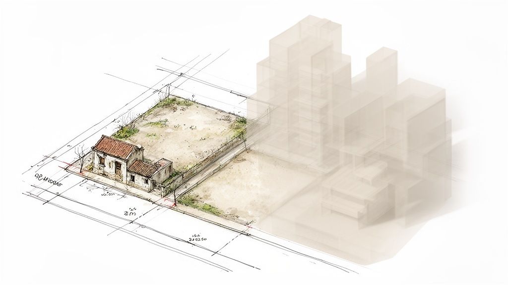 Dibujo arquitectónico que muestra una casa antigua en un terreno y el futuro desarrollo de edificios modernos.