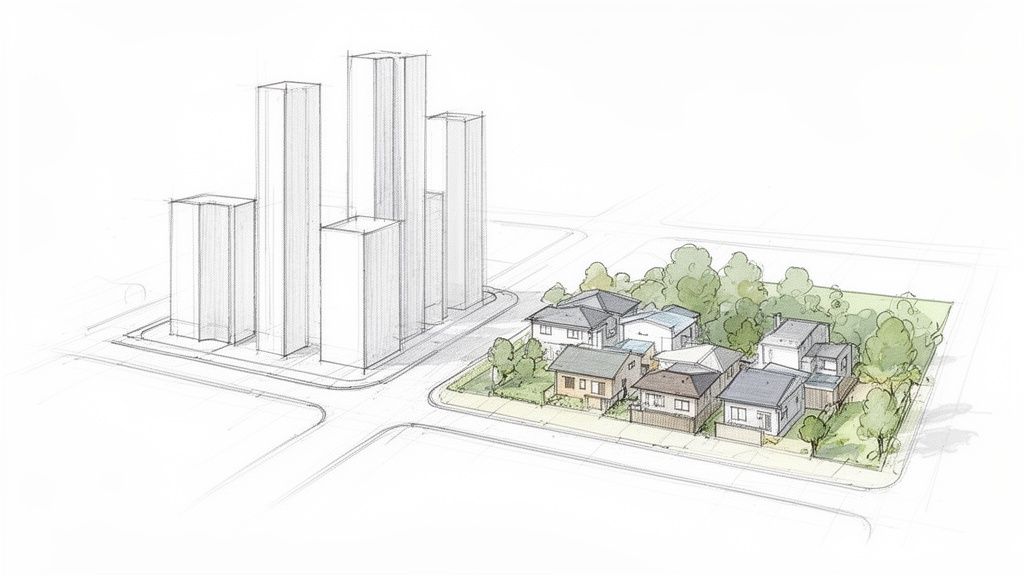 Un dibujo conceptual que ilustra un plan urbano con edificios altos y un barrio residencial con casas y árboles.