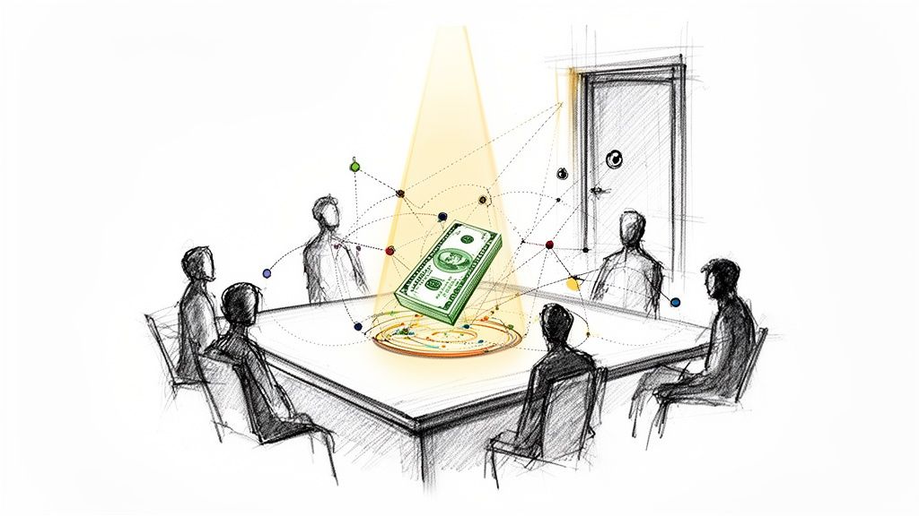 Reunión de negocios con un fajo de billetes en el centro, simbolizando conexiones financieras y estrategia.