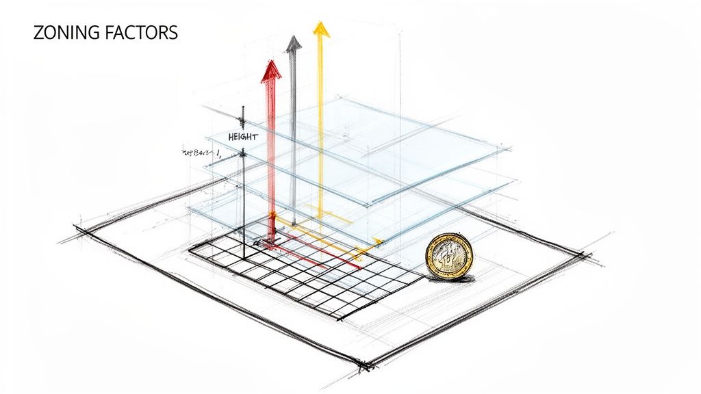 Diagrama 3D conceptual ilustra factores de zonificación: altura, retranqueos, flechas de colores y un plano cuadriculado con una moneda.