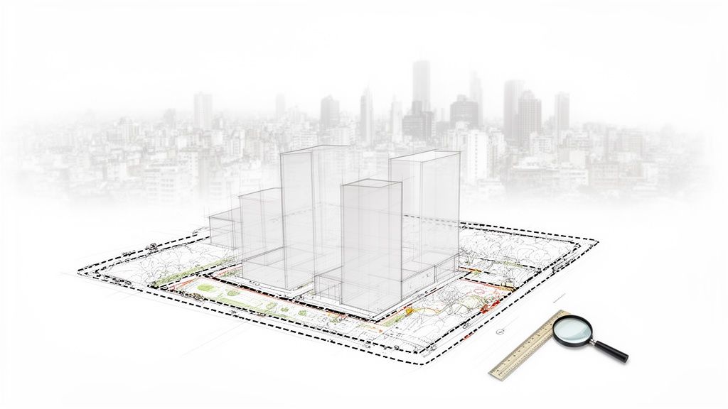 Un plano arquitectónico con modelos de edificios transparentes y un fondo de ciudad, junto a una lupa y regla.